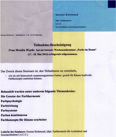 Raumkonzepte nach Feng Shui - Zertifikat Farben - Monika Woytke