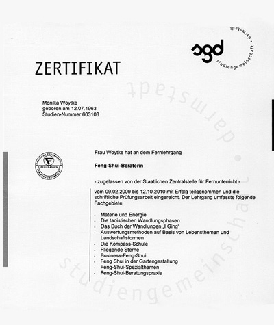 Raumkonzepte nach Feng Shui - Zertifikat SGD - Monika Woytke